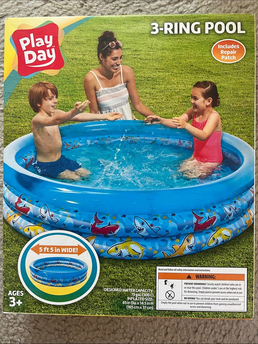 Play Day Kids Blue 3-Ring Inflatable Pool with Shark Print